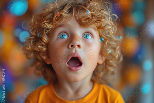 Portrait of a little boy looking extremely surprised with his mouth open on colorful background