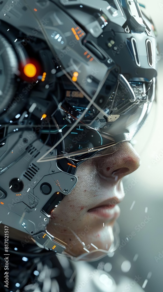 Illustrate the intersection of extreme sports and virtual reality in a close-up shot Emphasize intricate details like cybernetic enhancements and intense facial expressions to crea Illustrate the intersection of extreme sports and virtual reality in a close-up shot Emphasize intricate details like cybernetic enhancements and intense facial expressions to crea