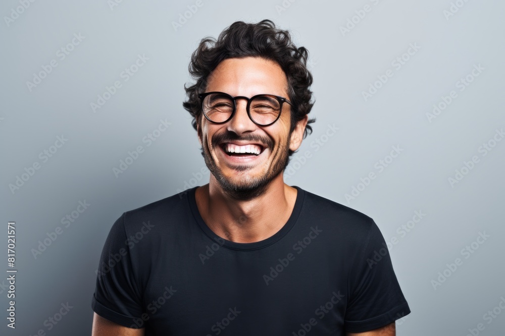 Obraz premium Portrait of a grinning man in his 30s laughing in minimalist or empty room background