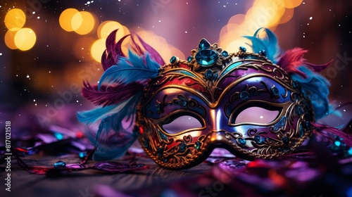 Elegant carnival mask adorned with vibrant feathers and jewels, resting on a wooden surface with a bokeh light background, conveying a mystical and festive atmosphere.