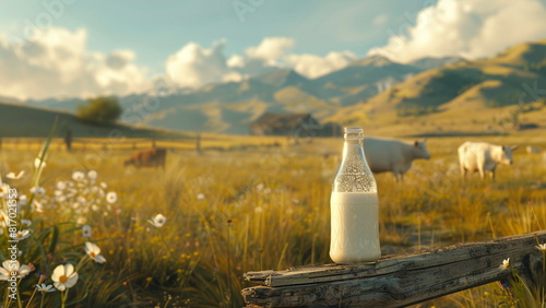 fresh milk in a 1 liter glass bottle, stored on a wooden table, looks so fresh against the background of a green agricultural desert with several cows, really an amazing sight photo