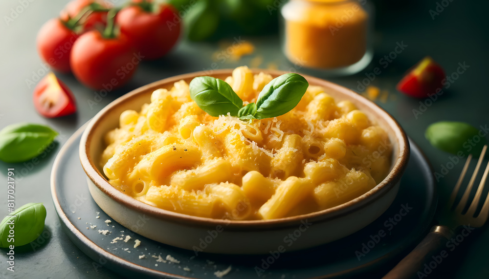 creamy macaroni and cheese. This image features the pasta topped with golden melted cheese and garnished with fresh basil creamy macaroni and cheese. This image features the pasta topped with golden melted cheese and garnished with fresh basil