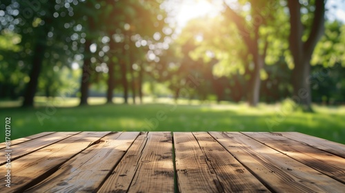 Empty wooden table with green park nature background  Wood table for food and product display over blur green tree garden  Park nature outdoor and wood table in spring and summer  generative ai