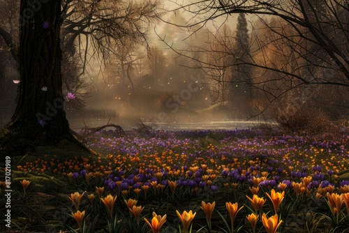 Mystic landscape of a forest clearing with colorful wildflowers and butterflies at dusk