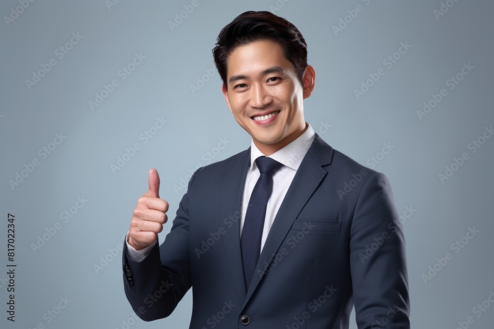 Portrait of a content asian man in his 30s showing a thumb up while standing against minimalist or empty room background Portrait of a content asian man in his 30s showing a thumb up while standing against minimalist or empty room background