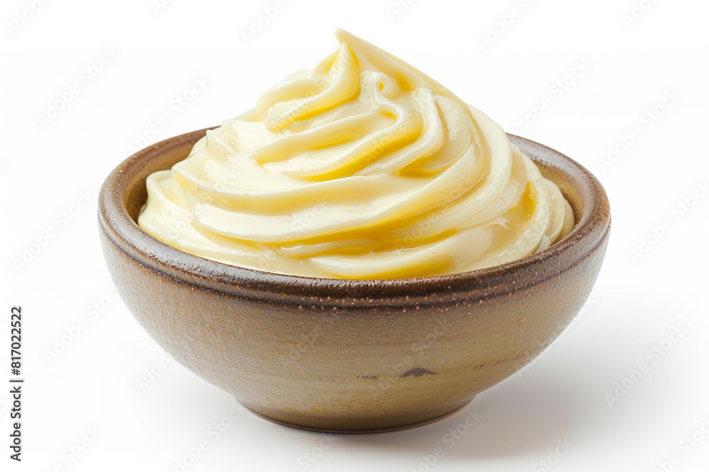 Creamy mayonnaise swirl ceramic bowl isolated white background Creamy mayonnaise swirl ceramic bowl isolated white background