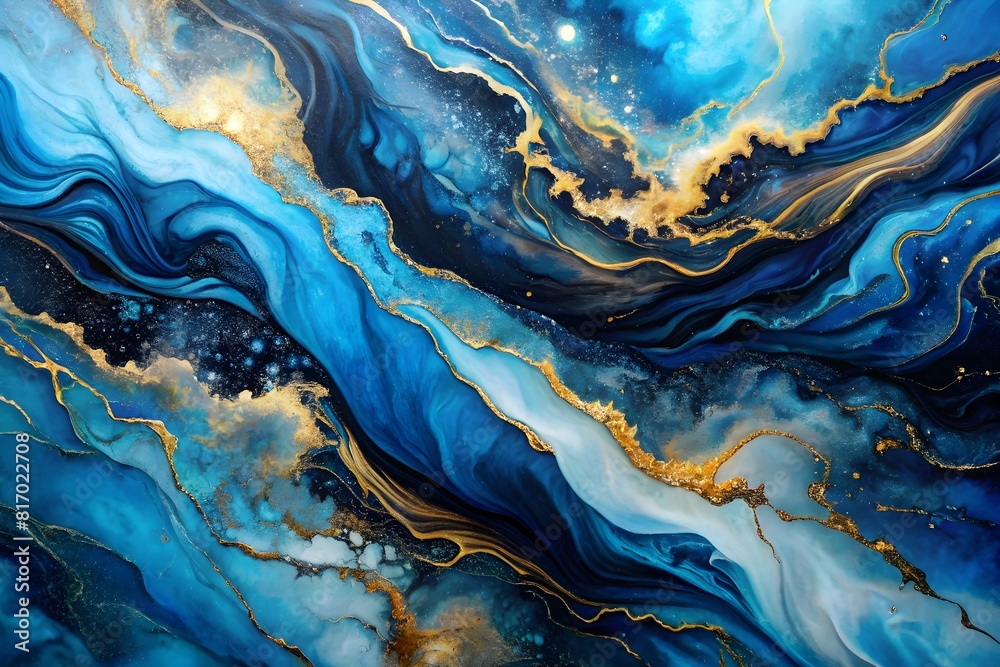 An abstract painting with flowing blue and black colors, resembling water or oil, with gold An abstract painting with flowing blue and black colors, resembling water or oil, with gold