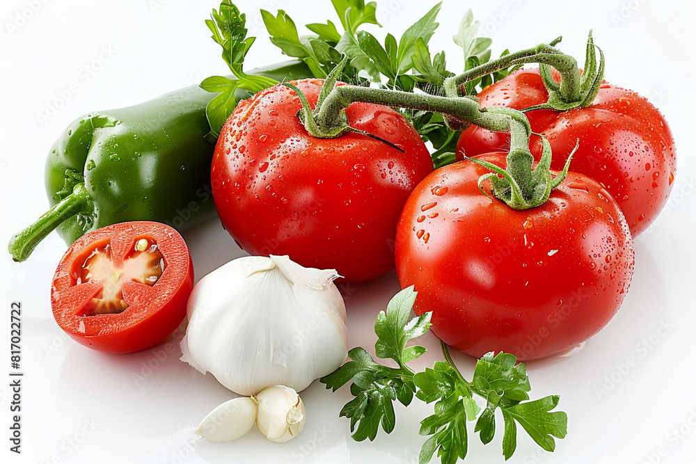 Fresh tomatoes, green bell pepper, garlic, parsley isolated white background Fresh tomatoes, green bell pepper, garlic, parsley isolated white background