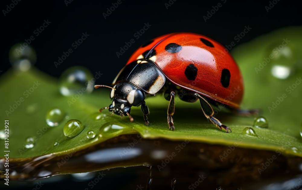 Obraz premium A red ladybug sits on a green leaf in the rain.