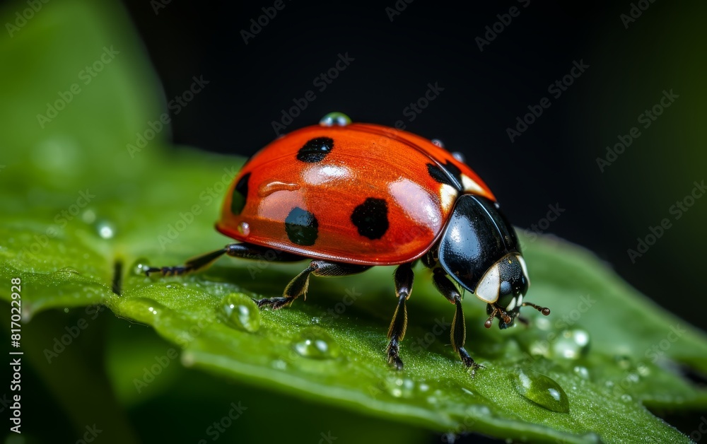 Fototapeta premium A red ladybug sits on a green leaf in the rain.