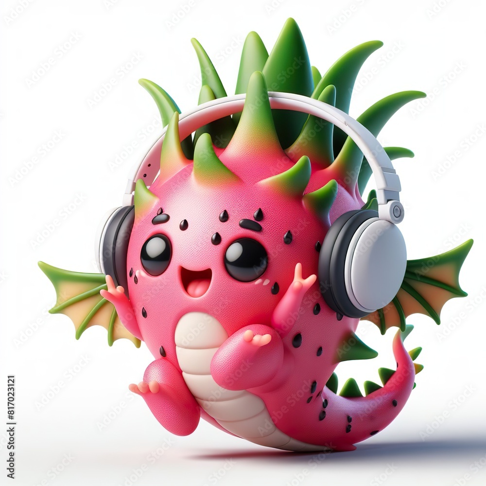 Fototapeta premium cute 3D funny cartoon Dragon fruit with small wireless headphone on head smiling and dancing, white background