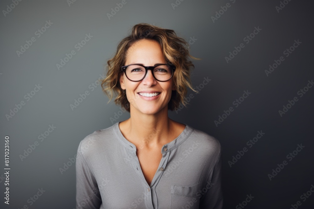 Portrait of a glad woman in her 40s smiling at the camera in front of minimalist or empty room background Portrait of a glad woman in her 40s smiling at the camera in front of minimalist or empty room background