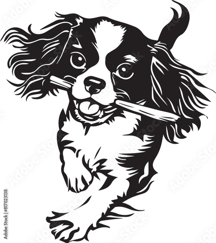 running cavalier king charles spaniel dog with stick