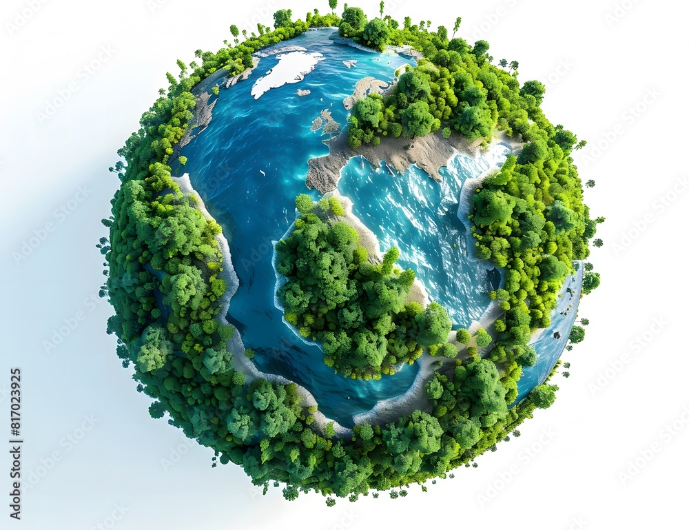 Isometric view of planet earth with blue water and green forest, World Environment Day Isometric view of planet earth with blue water and green forest, World Environment Day