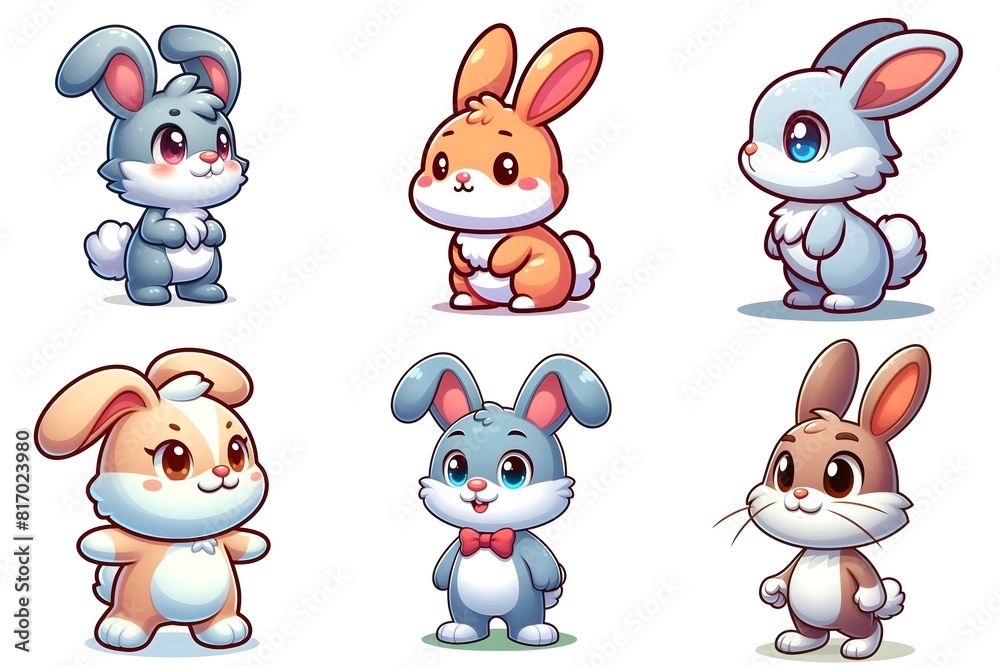 Cartoon illustrations of cute rabbits and bunnies, set of animal game characters, isolated on white Cartoon illustrations of cute rabbits and bunnies, set of animal game characters, isolated on white