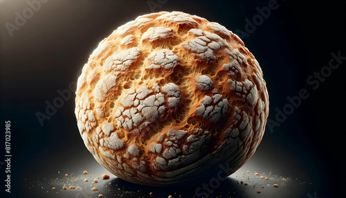 round thick bread loaf Yellow looks delicious dark black background There was a soft white light shining in.