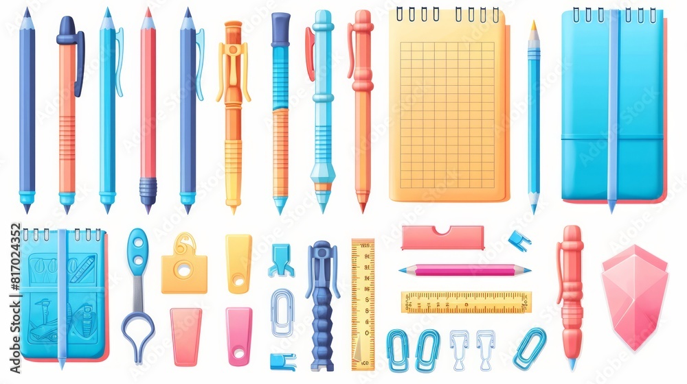 photograph of Pens, colored pencils, erasers, rulers, notebooks, 3d vector cartoon icon set photograph of Pens, colored pencils, erasers, rulers, notebooks, 3d vector cartoon icon set