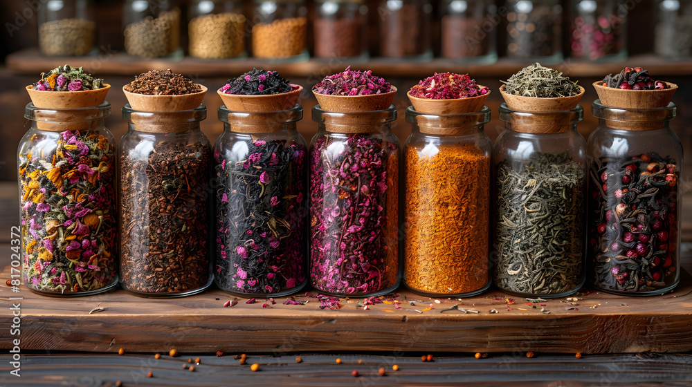 Different varieties of loose leaf teas stored in labeled containers at