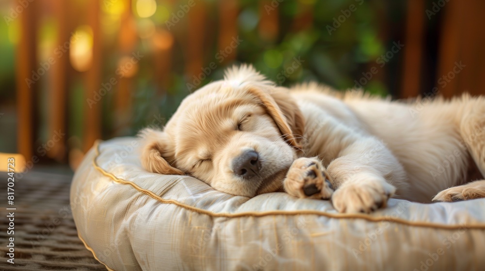 Golden Retriever Puppy sleeping outside on deck, AI Generated Golden Retriever Puppy sleeping outside on deck, AI Generated