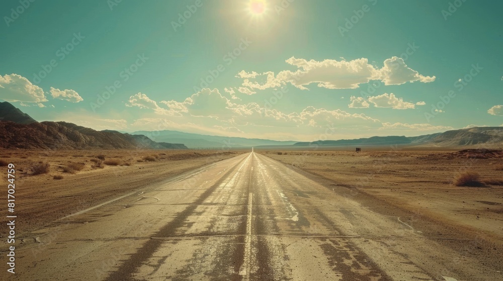 Fototapeta premium Endless Desert Highway Journey Under a Scorching Sun Amid Shimmering Mirages on the Vast Asphalt Expanse