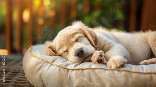 Golden Retriever Puppy sleeping outside on deck, AI Generated