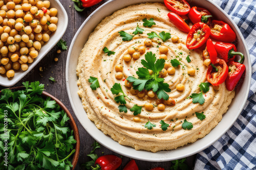 Hummus. Large bowl of homemade hummus garnished with chickpeas, red sweet pepper, parsley and olive oil, flat lay, middle east food