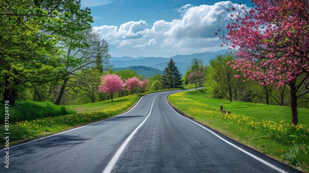 Fototapeta premium Scenic Spring Road Winding Through Blooming Countryside Landscape with Fresh Foliage and Flowering Trees