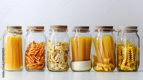 Different types of pasta noodles neatly arranged in glass jars on a kitchen counter isolated on white background, photo, png
 photo