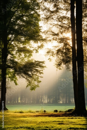 Morning forest with trees appearing blurry