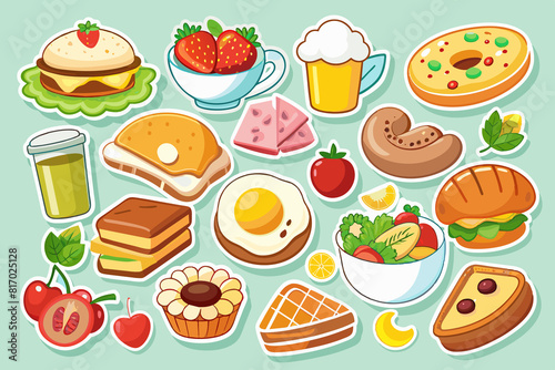 Big set of stickers with food and beverage for breakfast.