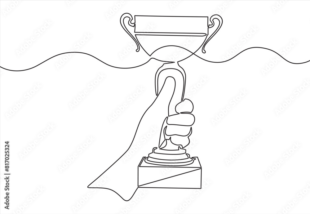 Single continuous line drawing gold trophy held by one hand. Symbol of winning championships, matches and sports competitions. Best achievement ever. One line draw graphic design vector illustration Single continuous line drawing gold trophy held by one hand. Symbol of winning championships, matches and sports competitions. Best achievement ever. One line draw graphic design vector illustration