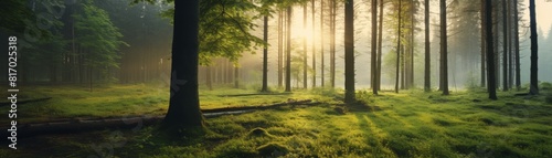 Morning forest with trees appearing blurry
