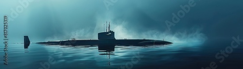 A naval submarine surfaces, breaking the waters calm, a leviathan awakening from the deep to stand sentinel