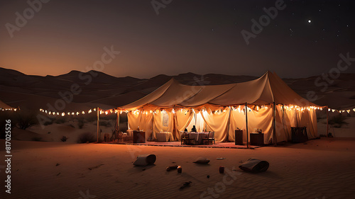 Ramadan tent at night in the desert  Generative AI