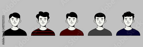 Cartoon casual handsome young guy portraits vector illustration. Man face avatar with various hair style set isolated on grey background. 