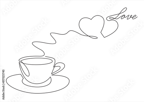 Hot coffee cup with heart shape aroma steam in continuous line art drawing style. Black linear design isolated on white background. Vector illustration