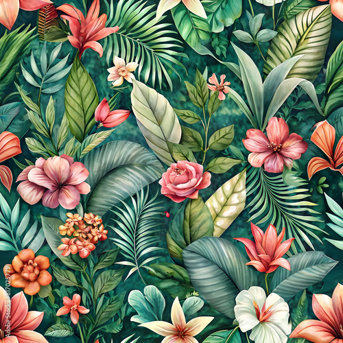 Floral Oasis  Hand-Painted Foliage and Blooms Seamless Pattern. Perfect for  Nature-themed textiles  Botanical home decor  Spring fashion prints  Garden party invitations