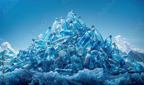 a mountain, covered with trillion of properly shaped transparent platic water bottles, blue background