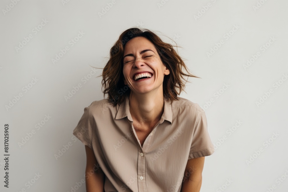 Portrait of a grinning woman in her 40s laughing on minimalist or empty room background Portrait of a grinning woman in her 40s laughing on minimalist or empty room background