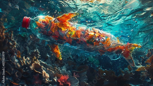 A plastic bottle floats through the ocean  filled with colorful leaves and water.