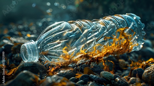 A plastic bottle half-submerged in water with a blurred background of rocks and sand. photo
