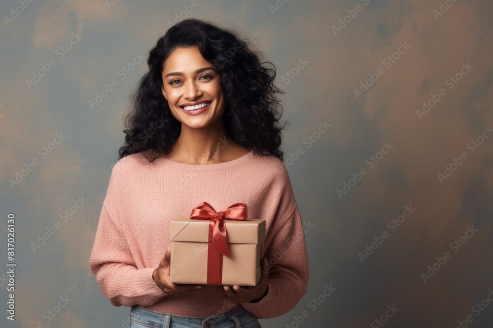Portrait of a blissful indian woman in her 40s holding a gift over minimalist or empty room background Portrait of a blissful indian woman in her 40s holding a gift over minimalist or empty room background