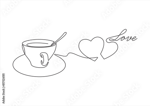 Hot coffee cup with heart shape aroma steam in continuous line art drawing style. Black linear design isolated on white background. Vector illustration