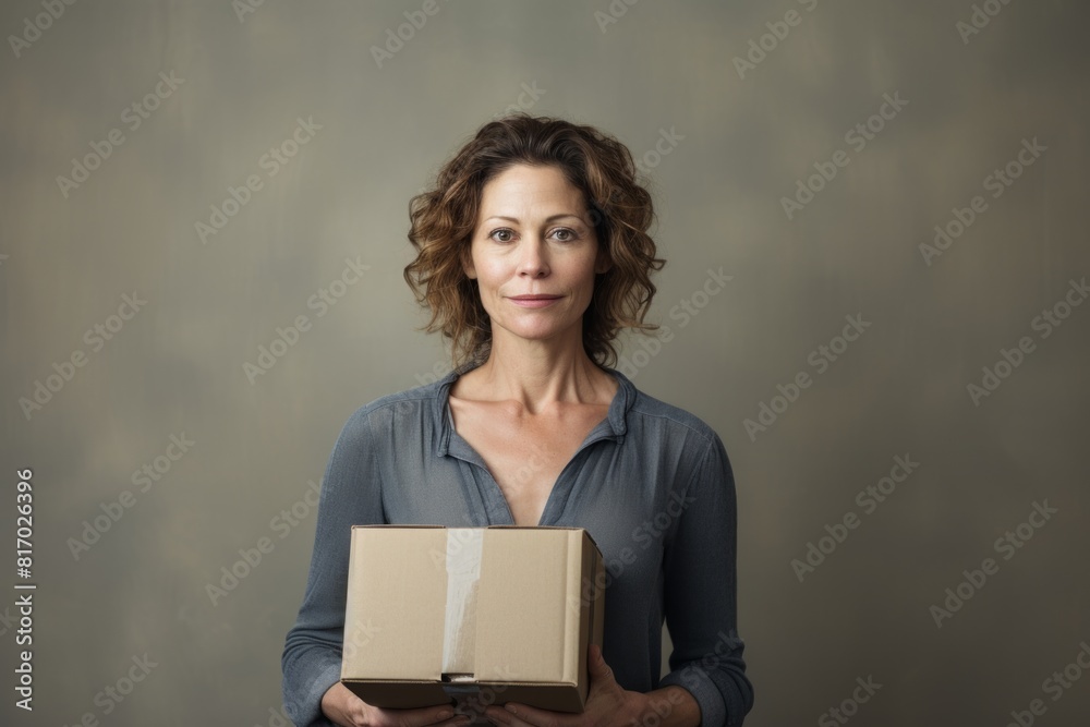 Obraz premium Portrait of a tender woman in her 40s holding a box on minimalist or empty room background