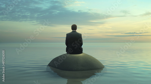 Um empresário está sentado numa pedra no meio do mar © Vitor