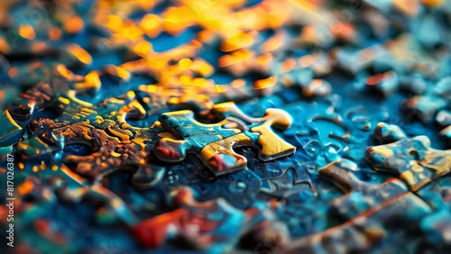 Close-up of incomplete jigsaw puzzle with vibrant colors photo