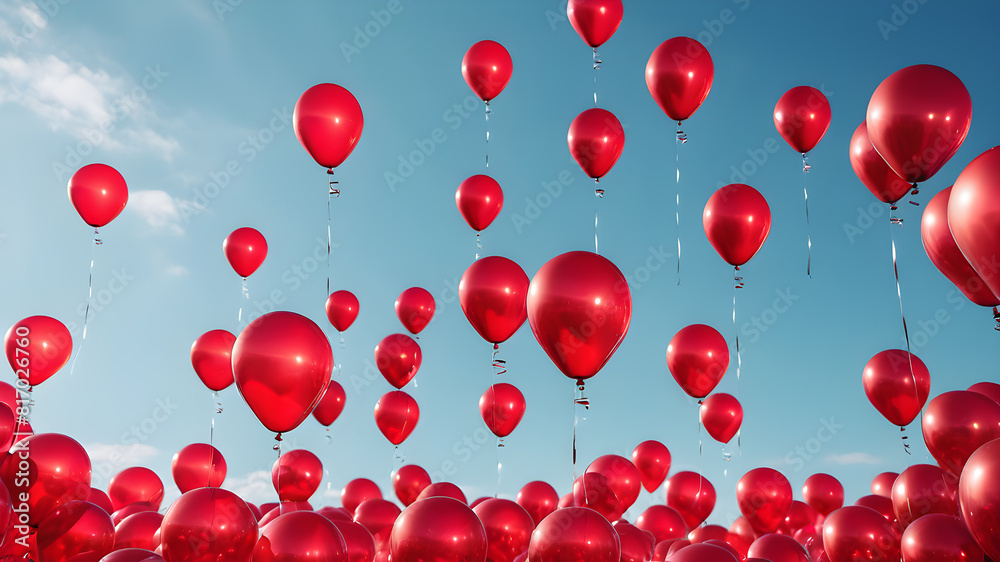 Red balloons flying in the sky, Generative AI Red balloons flying in the sky, Generative AI