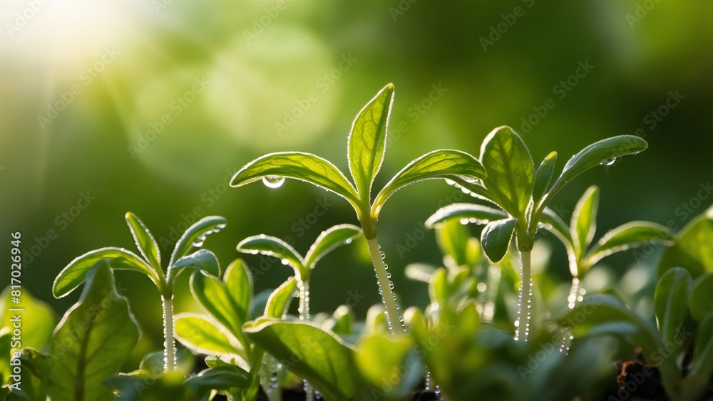 Young plants grow in the garden with sunlight. green background.
Young plants grow in the garden with sunlight. green background.