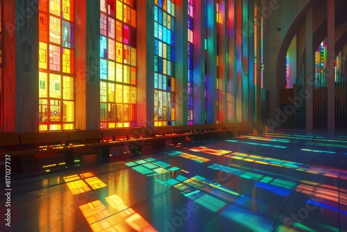 A colorful stained glass window with a cathedral setting