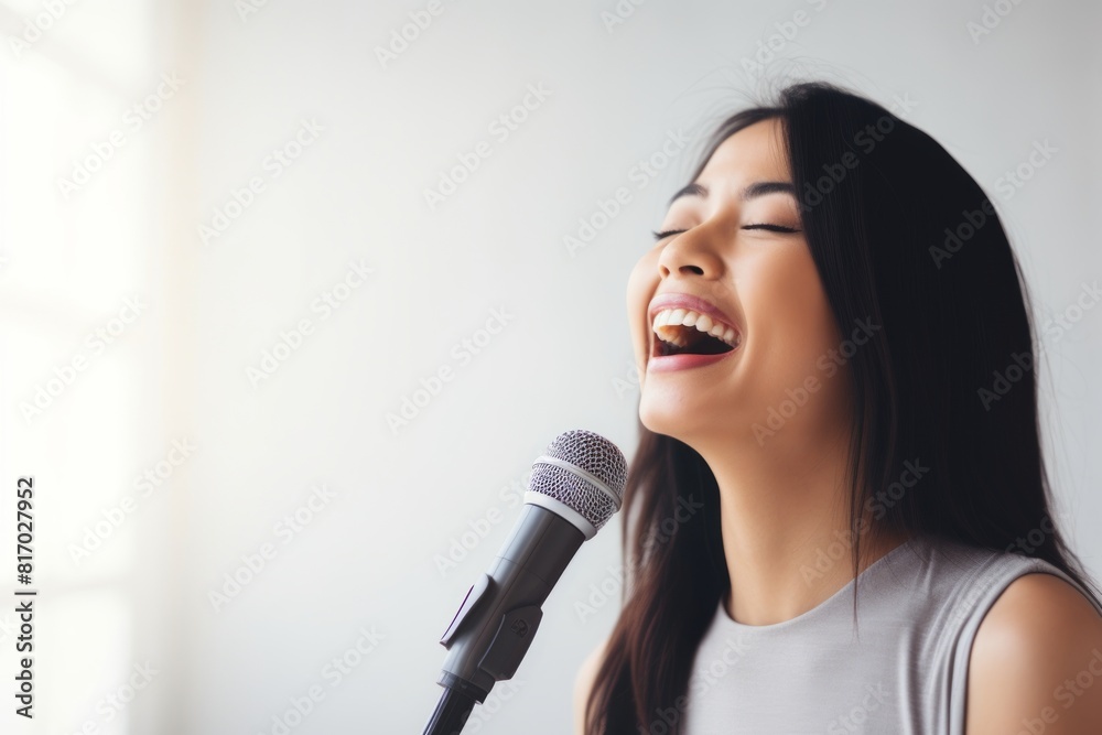 Portrait of a happy asian woman in her 40s dancing and singing song in microphone isolated on minimalist or empty room background Portrait of a happy asian woman in her 40s dancing and singing song in microphone isolated on minimalist or empty room background